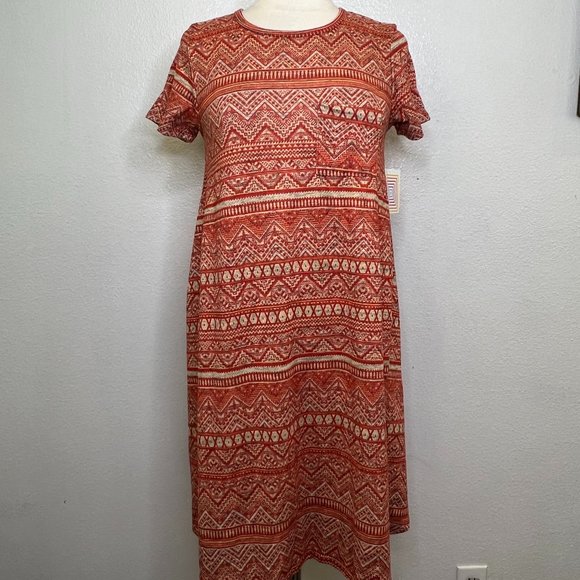 NWT LuLaRoe Carly Burnt Orange Tan Geometric Print Front Pocket Dress Sz XS - Picture 1 of 7